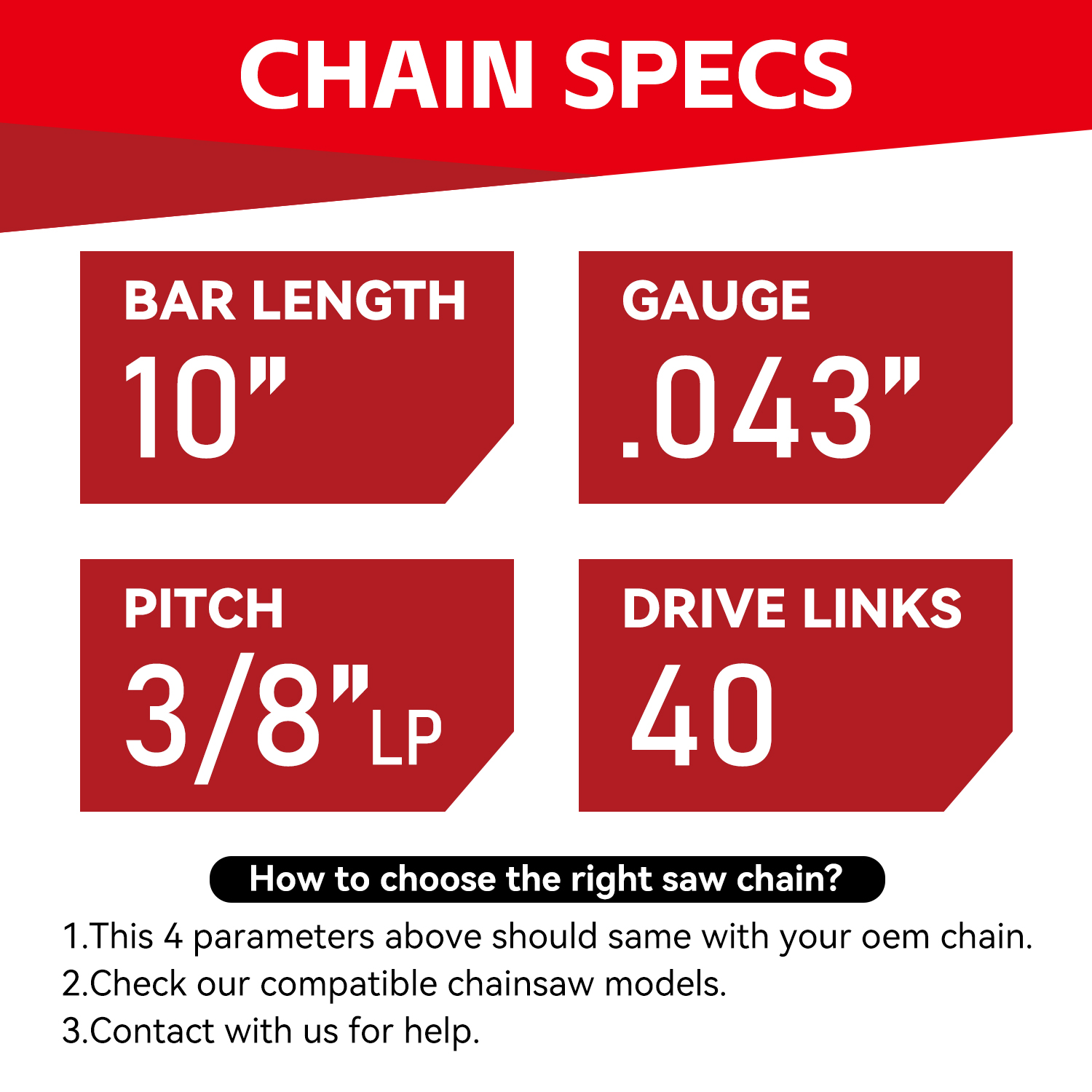 R40 Chainsaw Chain for 10 Inch Bar 40 Drive Link Replacement Chainsaw Blade, .043 Inch Gauge, 3/8 Inch Pitch