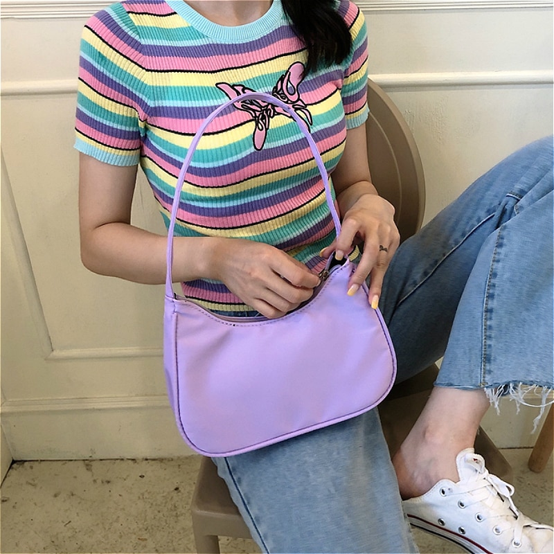 Purple Women Hobos Underarm Bag Retro Simple Ladies Purse Handbags Female Nylon Shoulder Bags Small Tote Clutch Bolsas