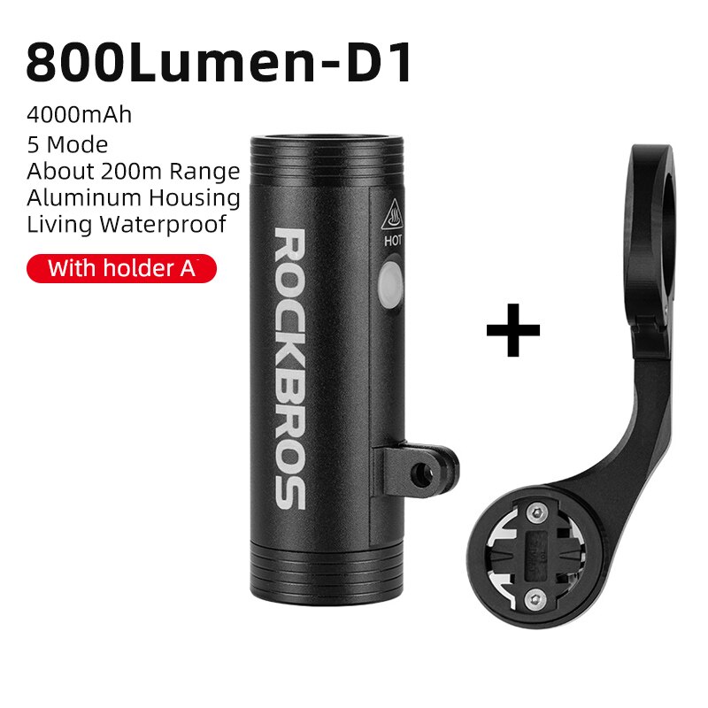 ROCKBROS-Foco de manillar delantero para bicicleta, linterna LED para ciclismo, accesorios para bicicleta de montaña: D1-800 and holder