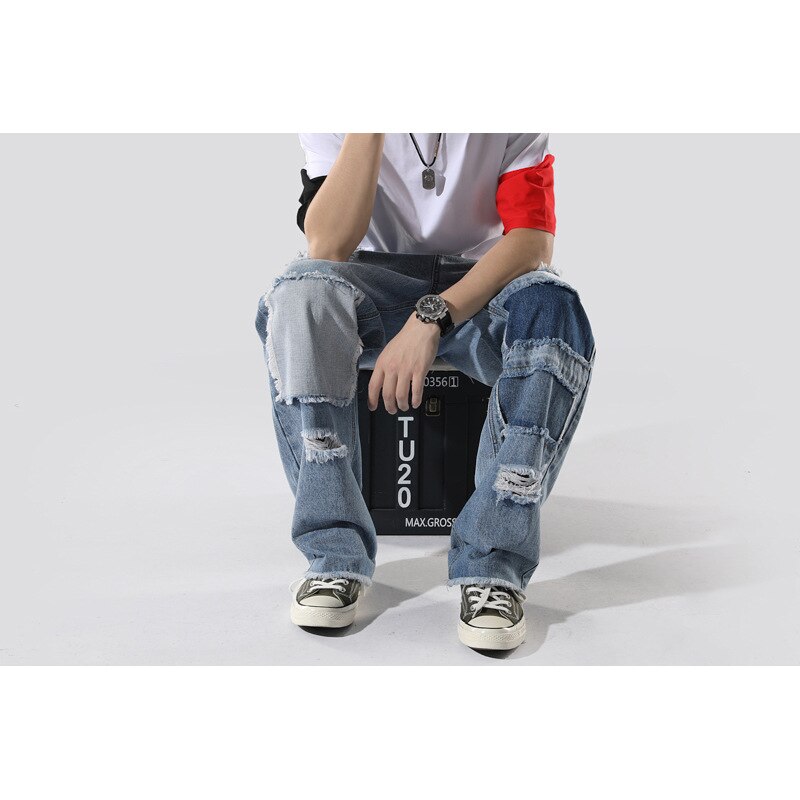 Firmranch Spring/Autumn Ripped Men's Jeans Loose Straight Do Old Patchwork Beggar Jeans Pants Hip-Hop Frilled Trousers