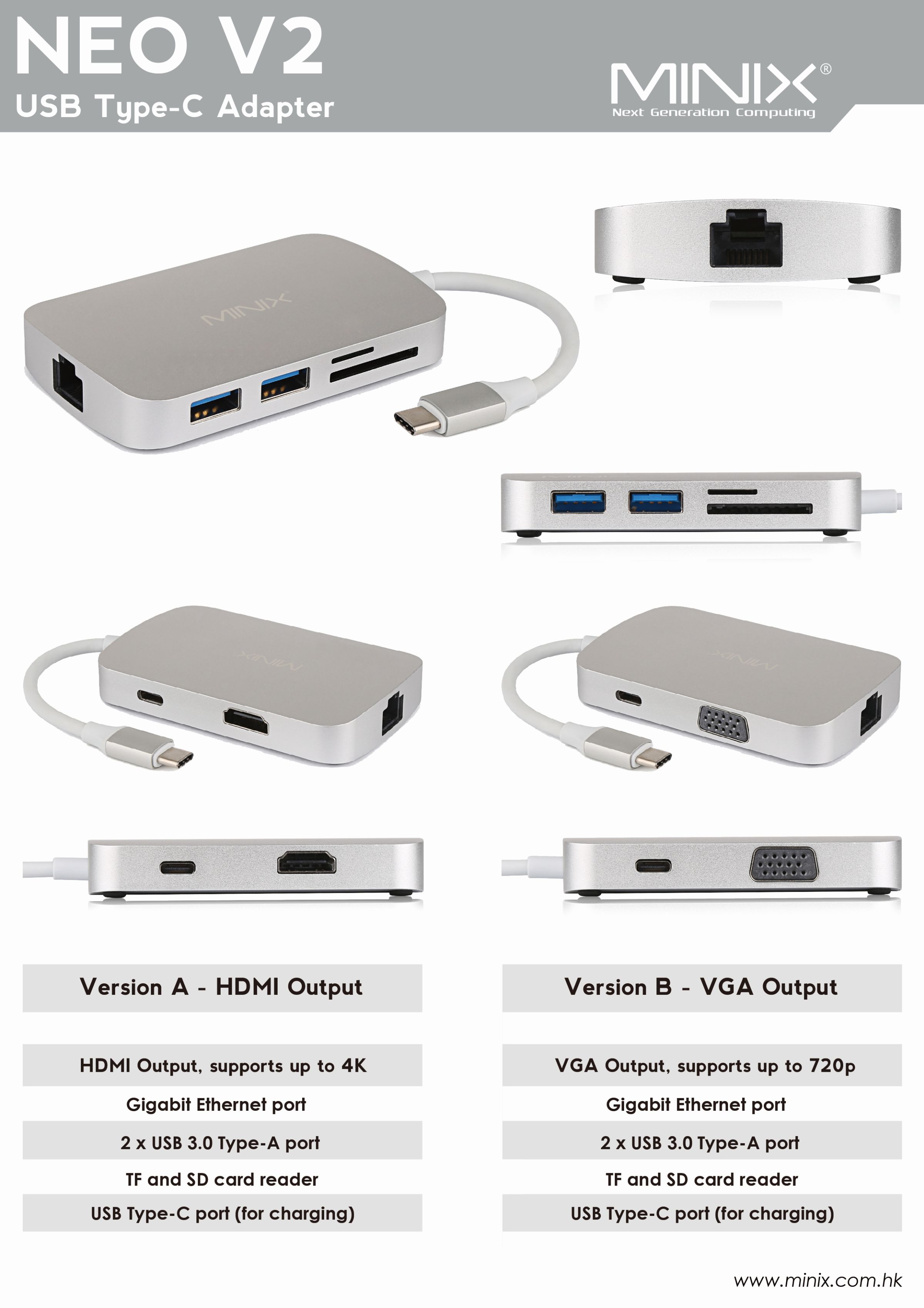 MINIX USB-C Hub kleine Type-c dockingstation met VGA/HDMI/USB 3.0/Type-c voor opladen/kaartlezer, internet NIC