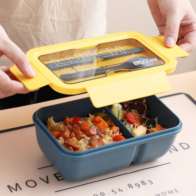 Lunch Box Separate Compartments Children School Bento Box Food Container Microwave Dinnerware Lunch Box with Tableware (850ML)