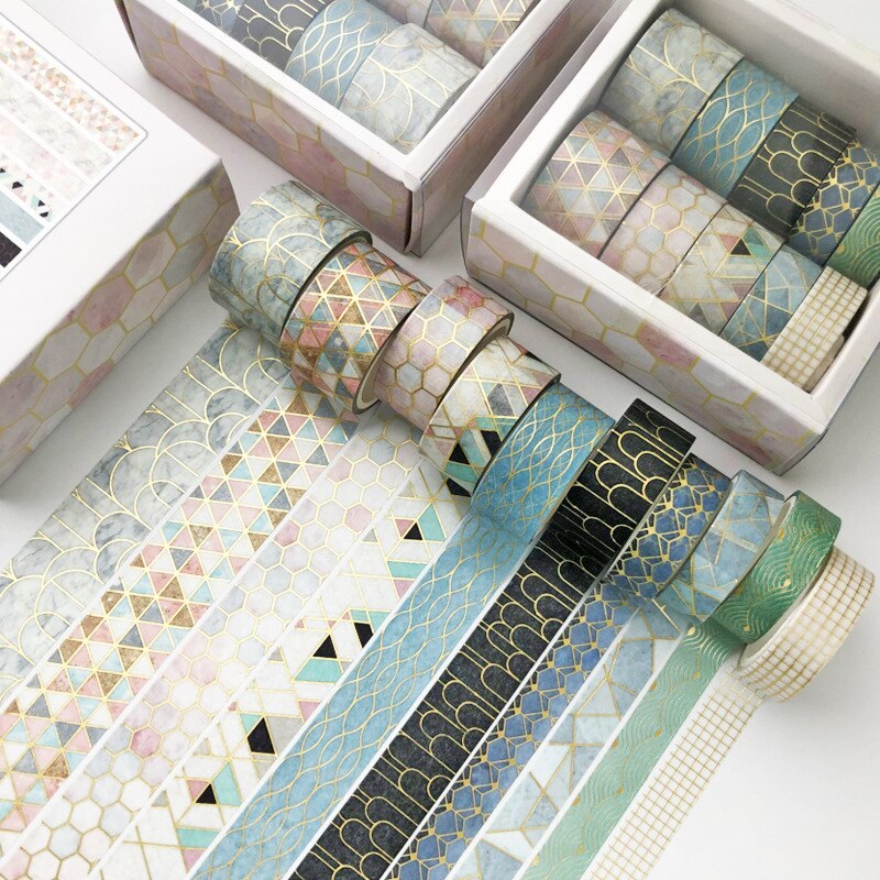 Conjunto de cintas adhesivas para decoración, papel japonés adhesivo en color oro celosía con figuras geométricas, compatible con libro de recortes, accesorios de papelería, set de 10 unidades: geometric