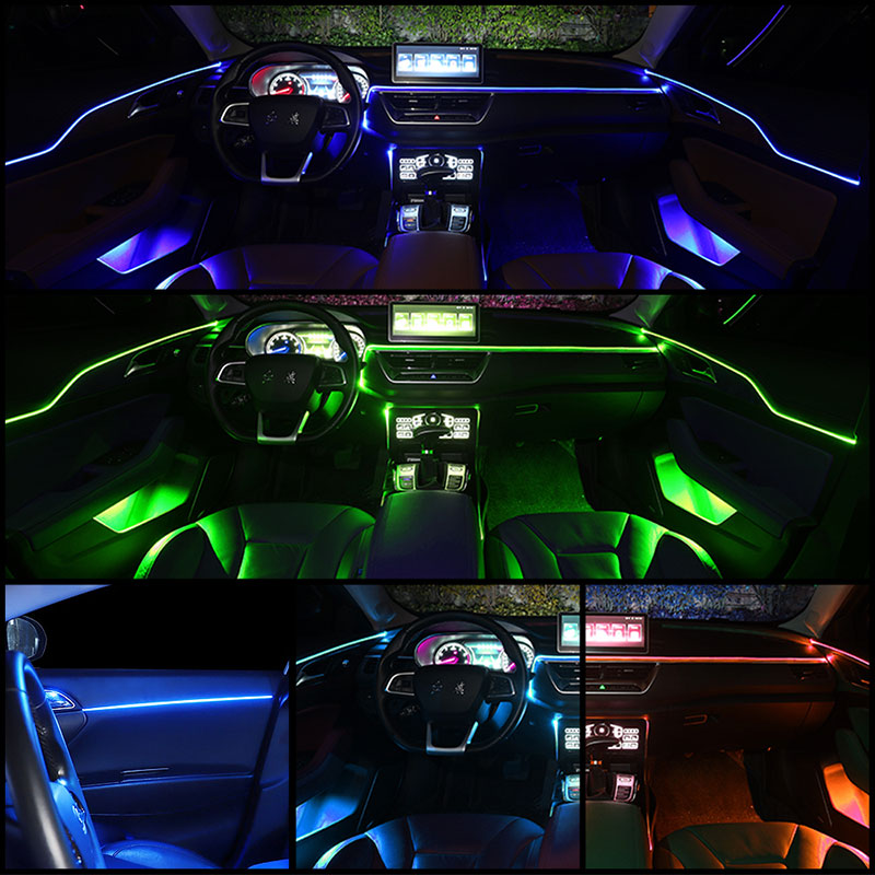 Luces decorativas para Interior de coche, tiras LED RGB de neón, 1/2 en 1, Bluetooth, controlado por aplicación, luces de fibra óptica USB, 12v