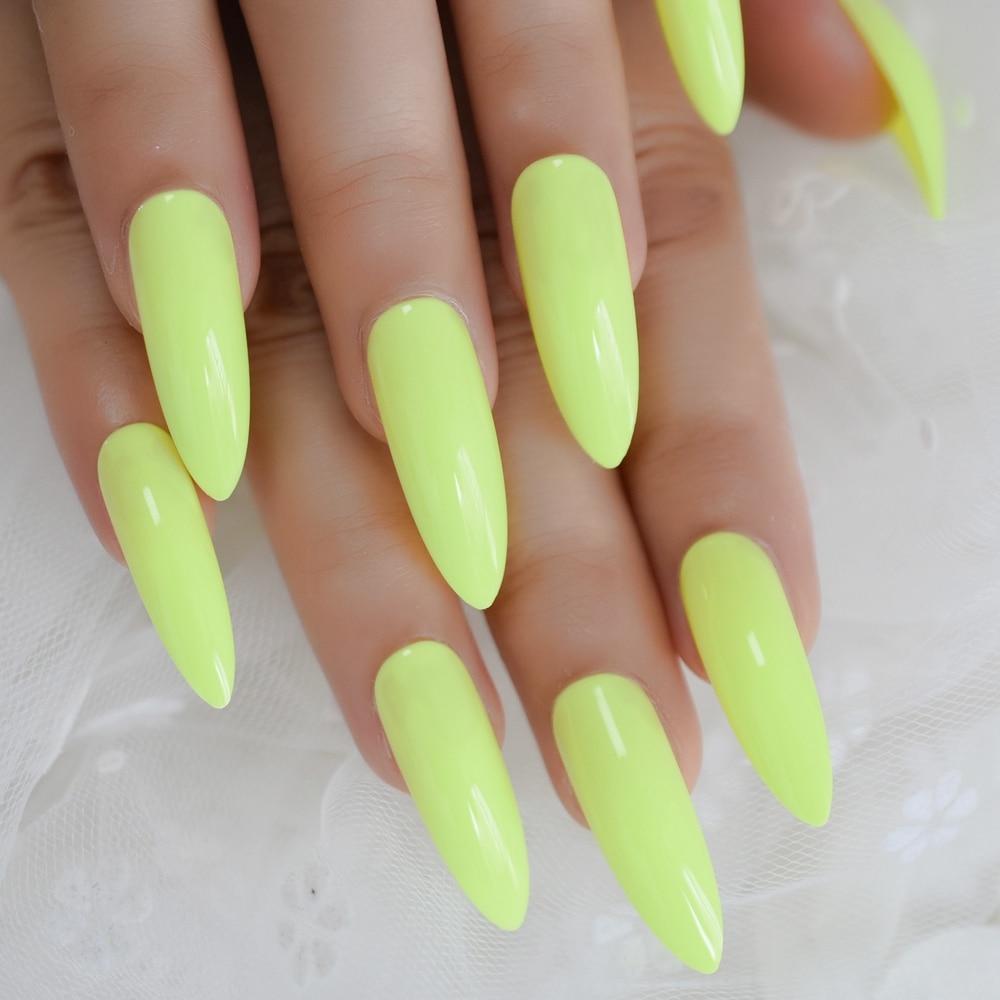 extra Lange Neon- Grün Gefälschte NäGel Super Stilett Gebogene Drücken Sie Auf FingernäGel UV Gel Polnischen Startseite Glossry Sommer Nagel Tipps 24