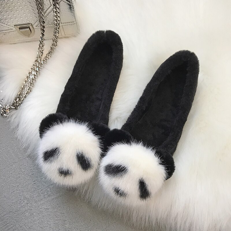 Plus size 35-43 fuskepels kvinner loafers panda plysj slip on flate sko kvinne båtsko leiligheter dyrepels varm damesko 6865: Svart / 4.5