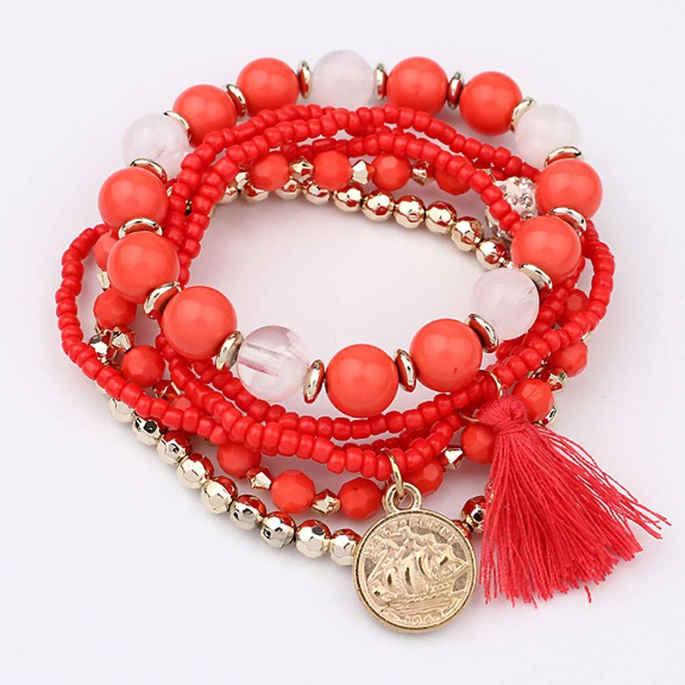 multicapa pulseras pulsera de perlas mujer strass cuentas borlas pulseras joyas: Red