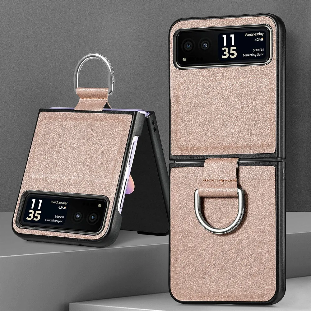 Capa de telefone luxuosa de couro pu para motorola moto razr 60 50 40 ultra com anel padrão de lichia pu tela dobrável capa protetora traseira