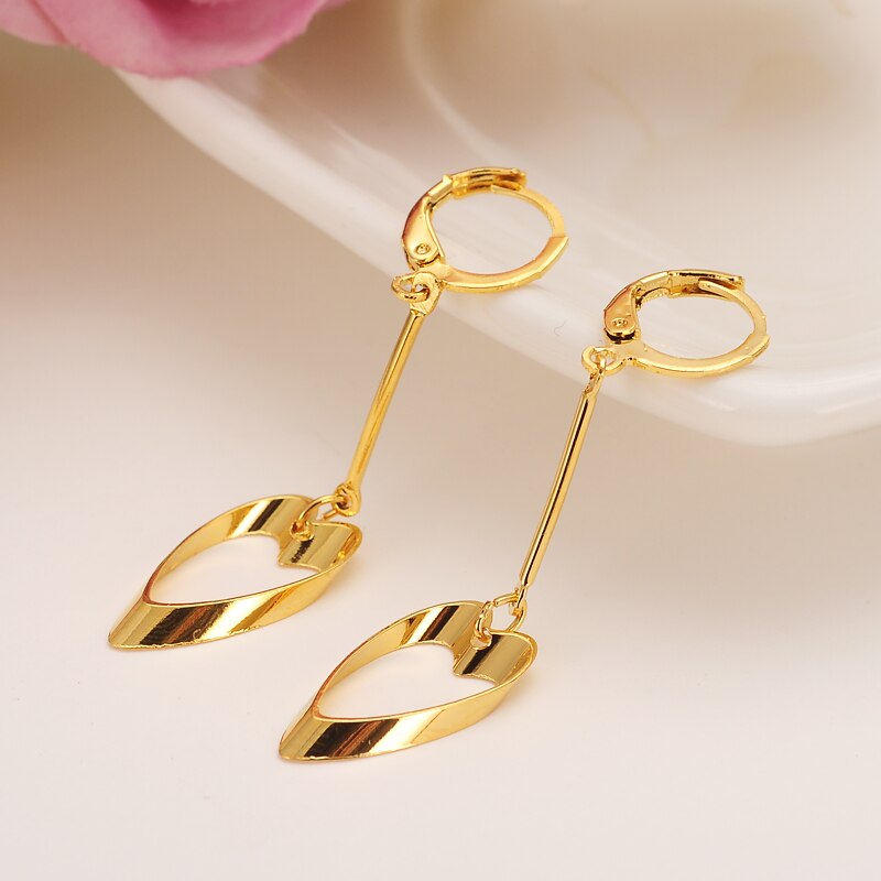 Pendientes largos de oro fino y amarillo de 14 k para mujer, pendientes largos con forma de corazón y pala, estilo Vintage Hollywood,