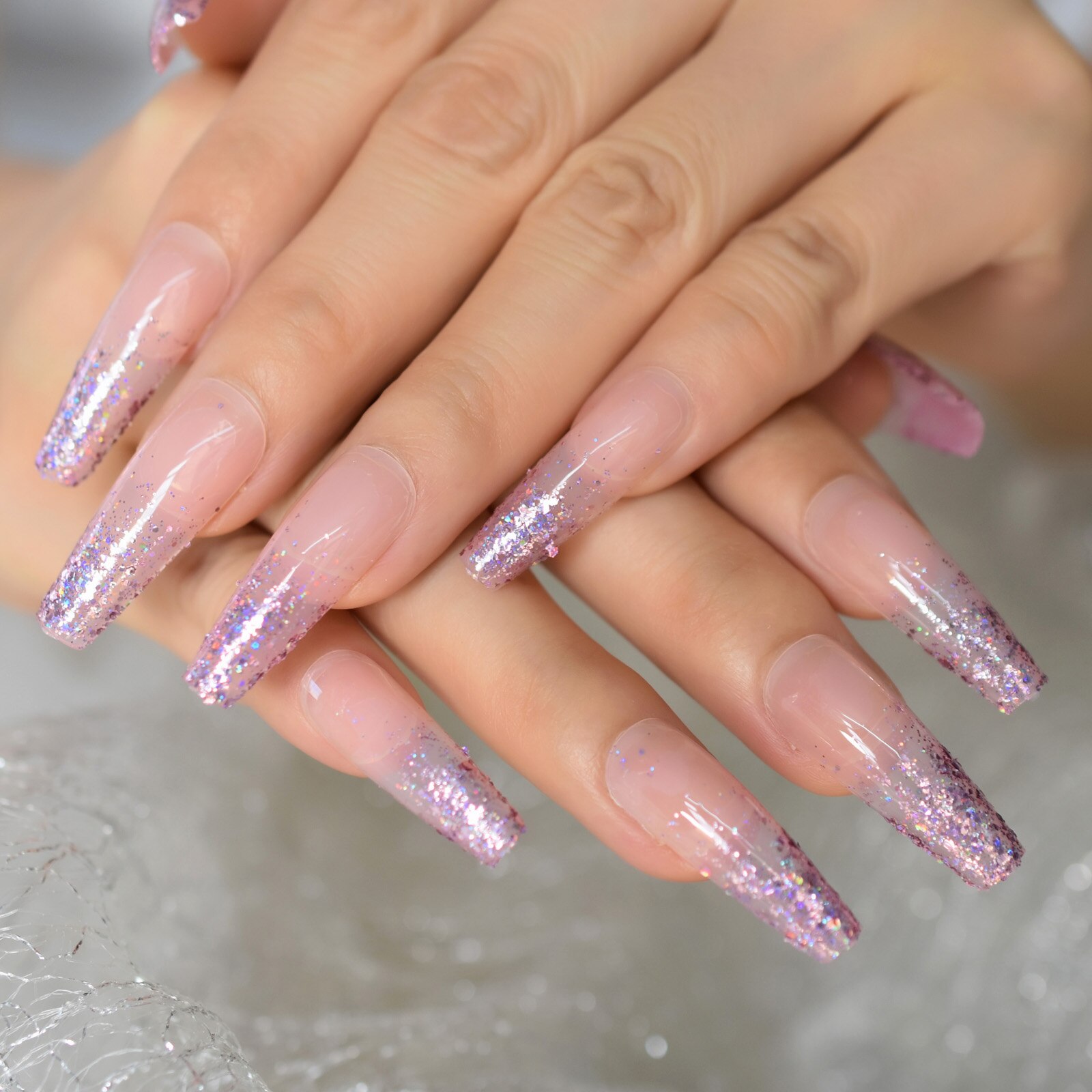 Extra Long Coffin Nail Translucent Pink Glitter Pre Designs Press On Full Cover Fingernail Manicure Tips Supplies