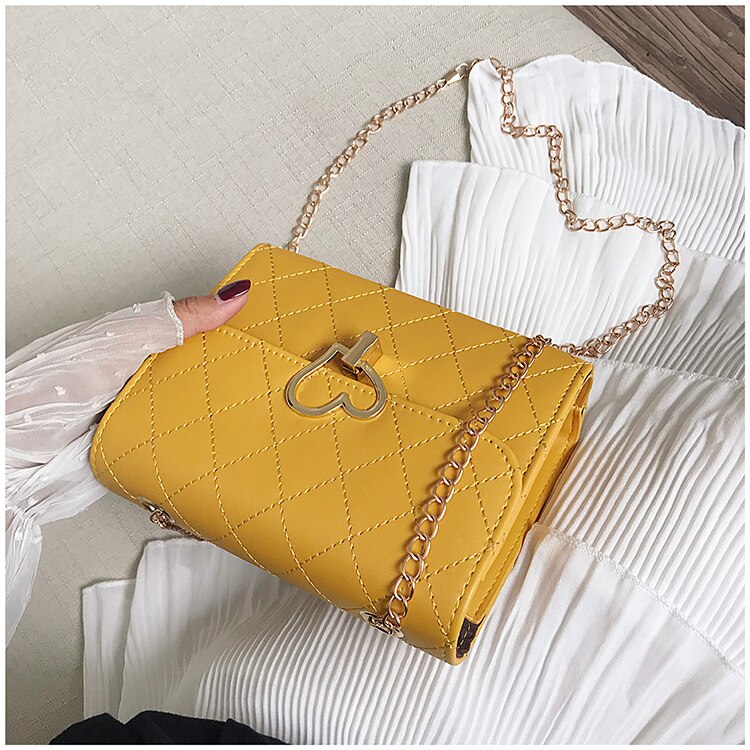 Women Lingge peach heart lock chain square PU Shoulder bag Crossbody Hand Bag Heart Messenger Chain handbag yellow: Yellow