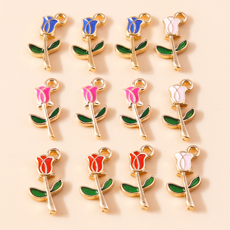 Mini Rosa esmaltada romántica, 10 piezas, 9x18mm, dijes para collares, colgantes, pendientes, fabricación de joyas DIY, hallazgos hechos a mano: Marrón