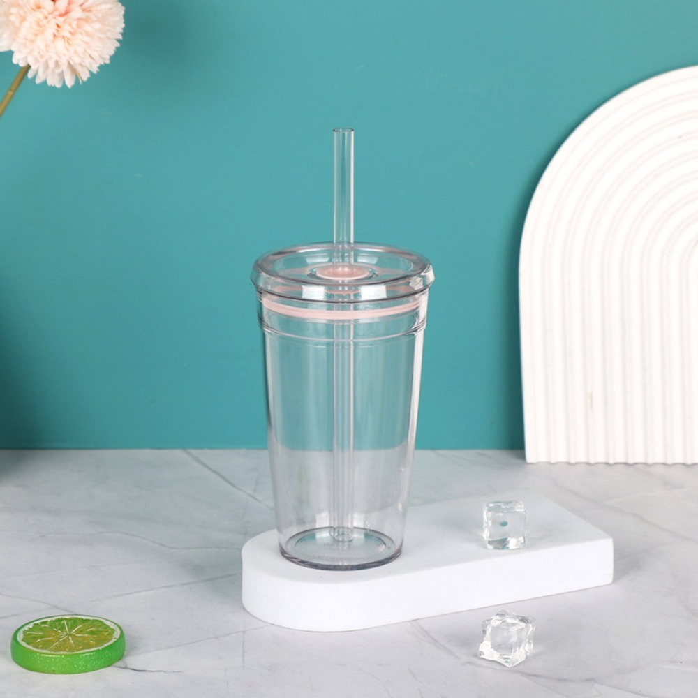 Taza con pajita portátil de 450ml, vaso transparente de una sola capa para beber, vaso de plástico reutilizable para coche, hogar: Verde militar