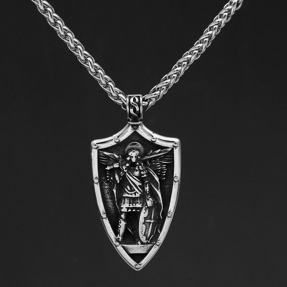 ST.MICHAEL ARCHANGEL CROSS SHIELD PRAYER MEDAL Amulet Stainless Steel NECKLACE: chain-silver