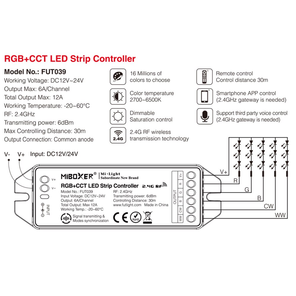 Upgrade 2.4Ghz Rgb + Cct Led Strip Controller DC12 ~ 24V Dimbare Driver 6A/Ch Voor rgb + Cct Led Strip Kan Remote/Voice Control