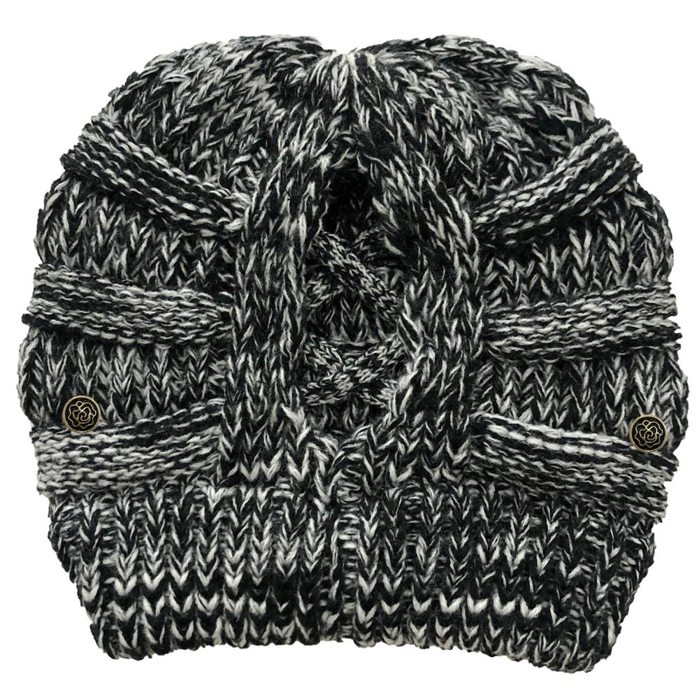 Cola de Caballo cruzada desmontable con botón para mascarilla, gorro de punto con apertura trasera, hilo de lana cálido, , producto: Black Flowers