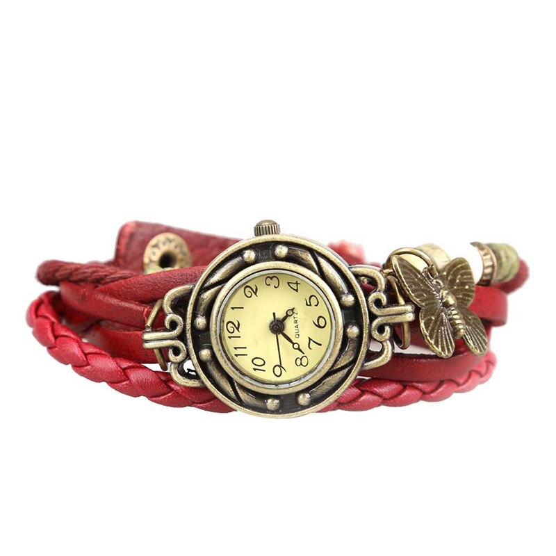 Vrouwen Retro Armband Polshorloge Weave Wrap Faux Lederen Vlinder Kralen Hanger Chain K2: Rood