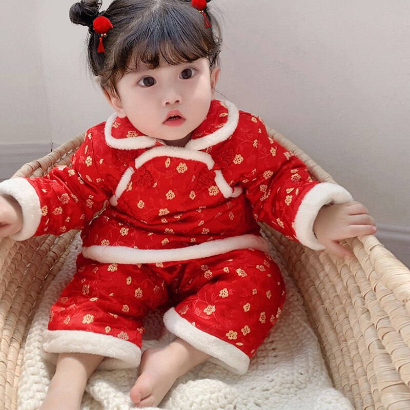 Natal 2020 pijamas tradicional chinês tang terno para o bebê recém-nascido infantil menino menina impressão inverno hanfu presente de natal