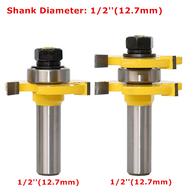 2 uds. Enrutador de ensamble de ranura de lengüeta, fresa tipo T, vástago de 6-12,7mm para suelo, herramientas de corte de madera