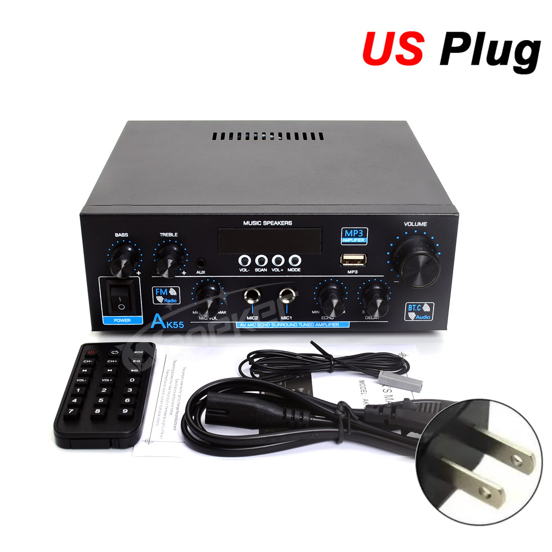 Woopker Amplifier AK55 900W Max 2.0 Channel Rated 70W+70W Bluetooth Audio Hifi AMP Karaoke Music Player Support 110V 220V 12V: Srebrny