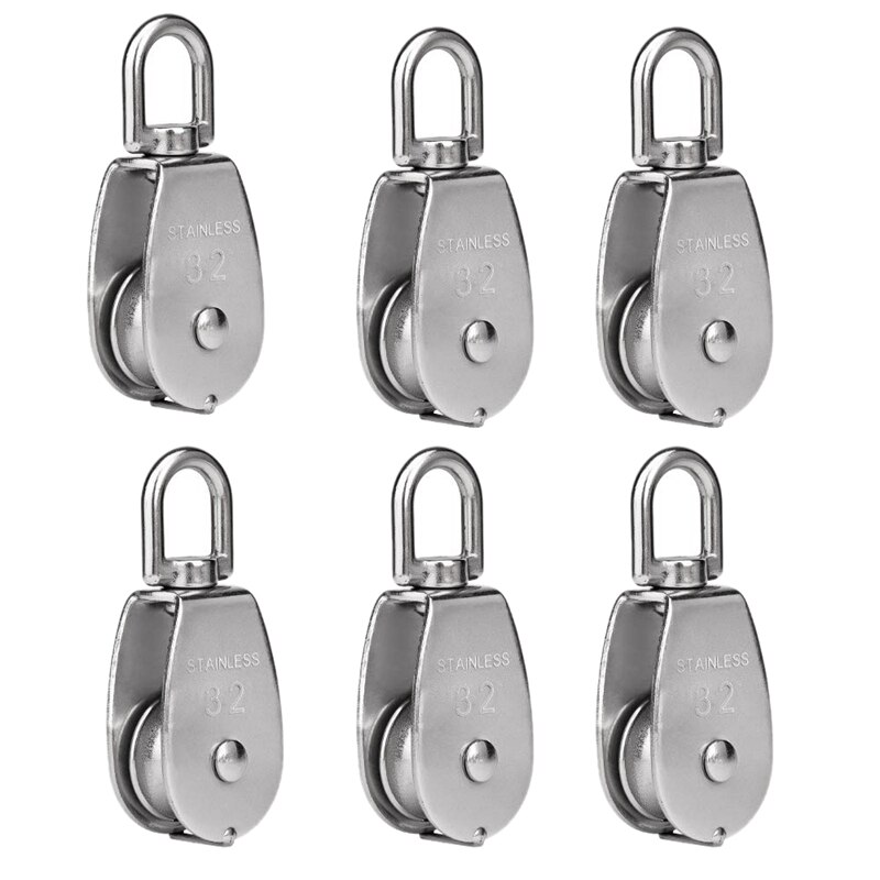 6 Pack M32 Lifting Enkele Katrol Roller Laden 551Ibs, 304 Rvs Heavy Duty Single Wheel Swivel Lifting Touw Katrol B