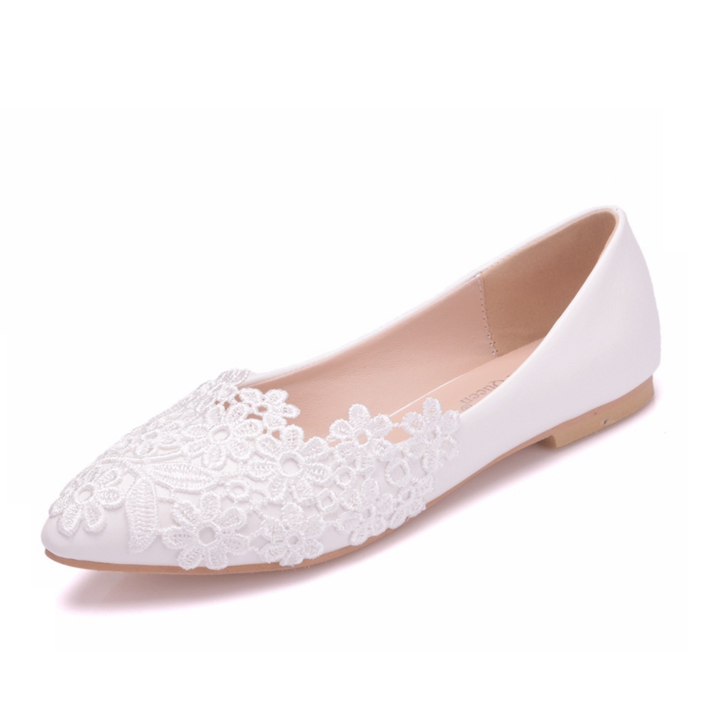 Chaussures de mariage en dentelle blanche, plates à bout pointu, grande taille, à talons bas, pour femmes,: 34
