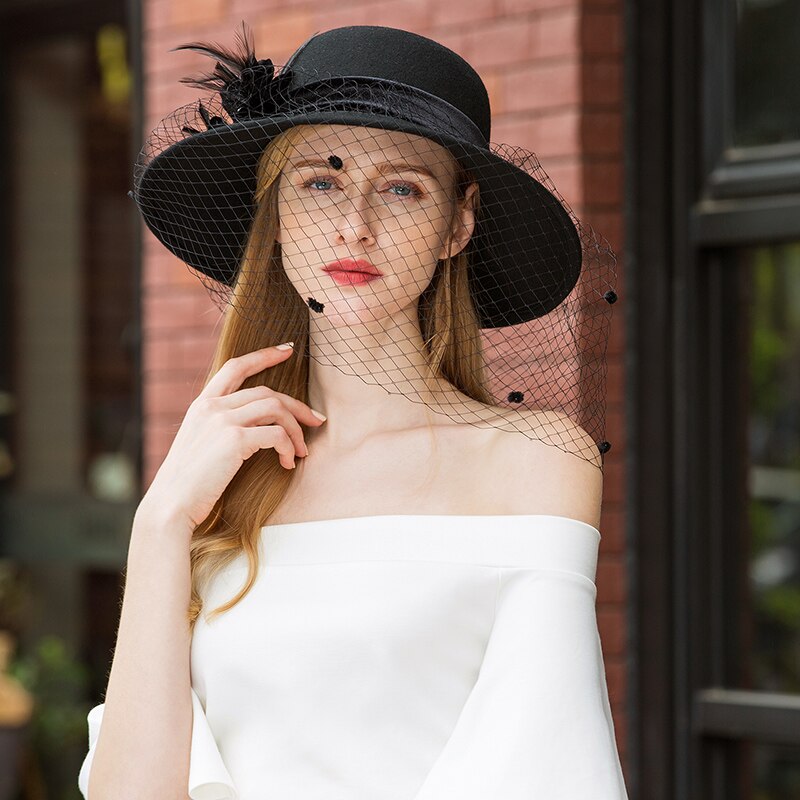 Lady Fedoras Hat Girls Wide Brim Wool Veil Hats Dome Party Cap Woolen Hats Hat Adjust A10