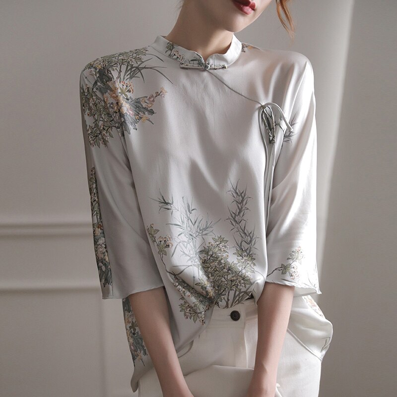 2022 chinesische stil cheongsam bluse die Seide Satin- qipao oben Seetang-anzug oben stehkragen elegante traditionelle hanfu bluse