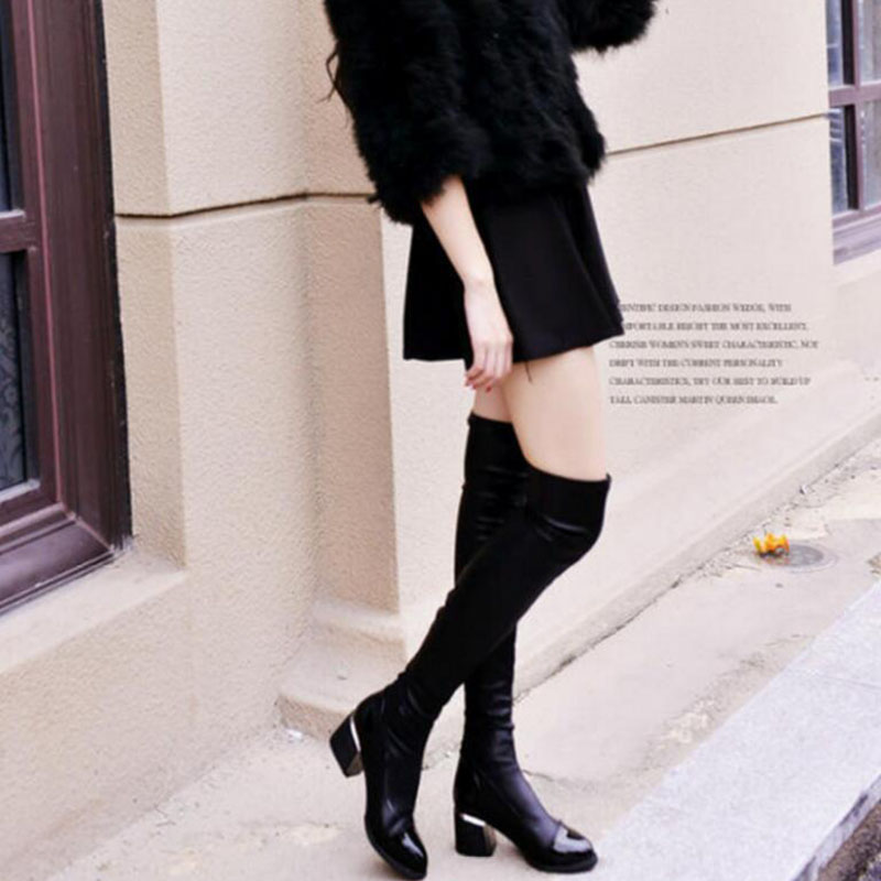 PU Leather Over Knee Boots Women Sequined Toe Elastic Stretch Thick Heel Thigh High Riding Boots Big Size 40