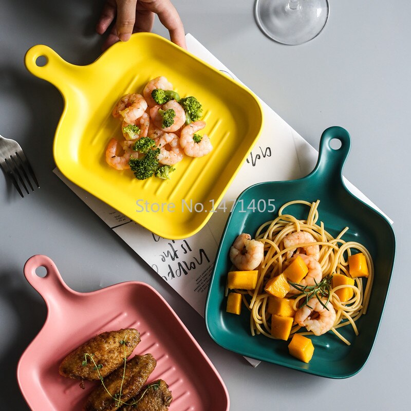 Japanse Stijl Bakvormen Huishoudelijke Keramische Steak Plaat Met Handvat Creatieve Nordic Westerse Servies Oven Schotel Plaat Diner Plaat