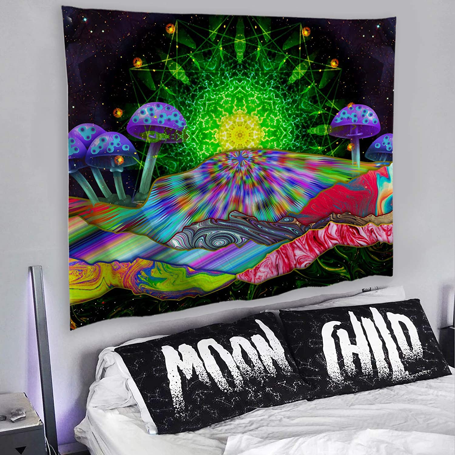 Trippy Mountain Mushroom Hippie Sun Mandala Tapestry,Psychedelic Starry Sky Colorful Wall Hanging