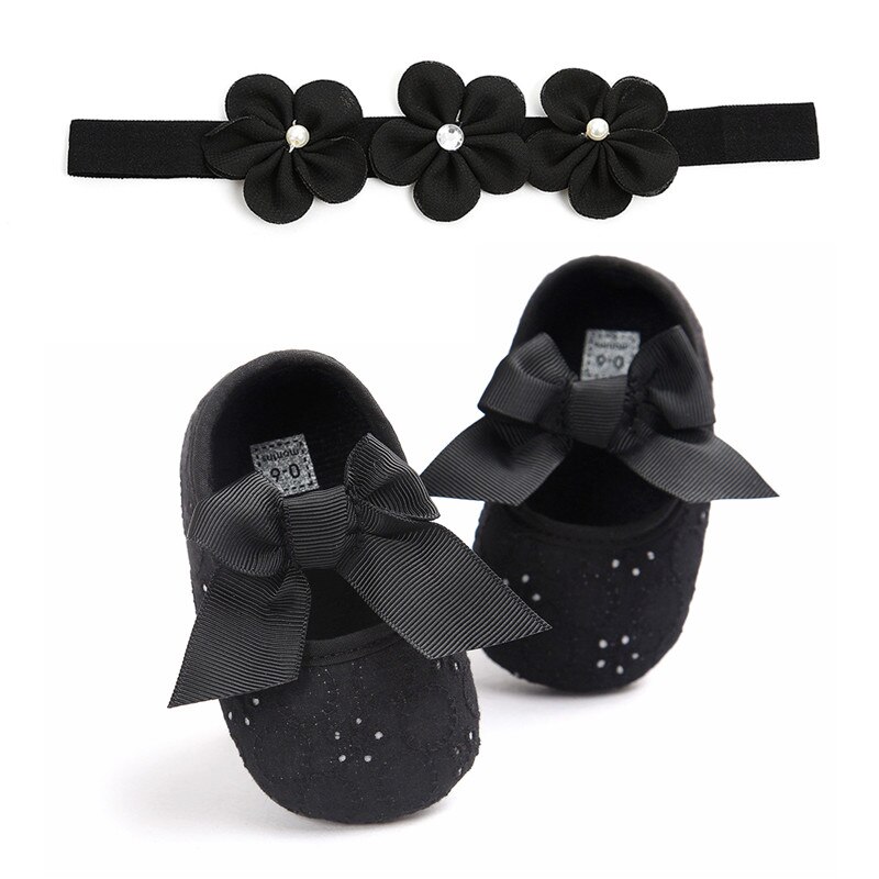 Gloednieuwe Peuter Kids Baby Meisjes Jongens Strik Schoenen + Hoofdband 2 Stuks Lace Bloemen Zachte Schoenen Lente Eerste wandelaars 0-18M: Black / 13-18 months
