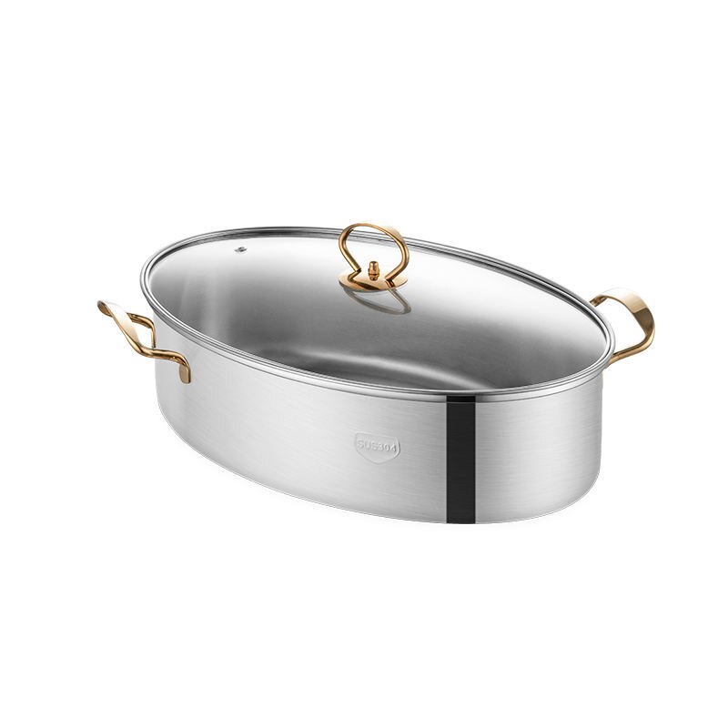 HE-Stainless Steel Thickened Oval Fish Steamer Glass Cover Soup Steamer Kitchen Multi Purpose Cooker