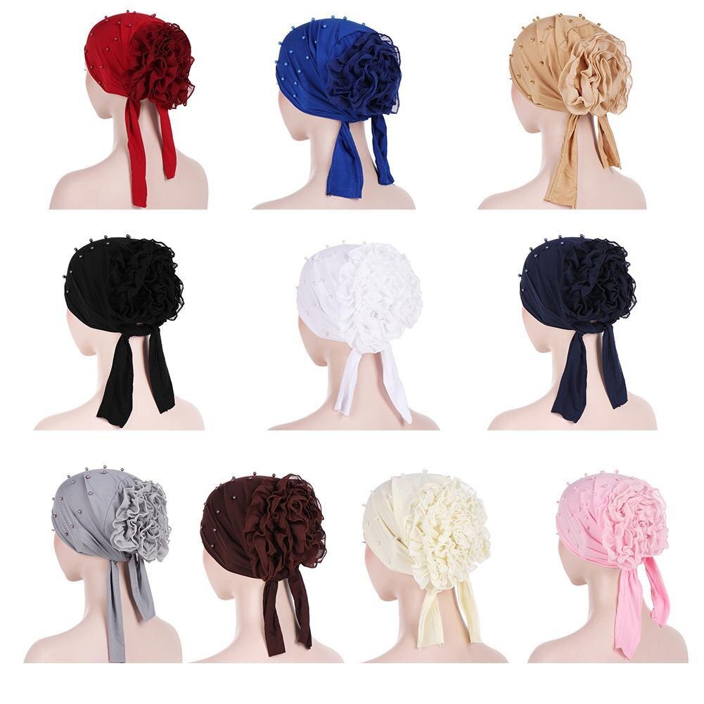 1pcs Spring Autumn Women's Accessories Headdress Muslim Big Flower Nail Bead Cap Headdress Baotou Dubai Women's Hat Leisure D4O1