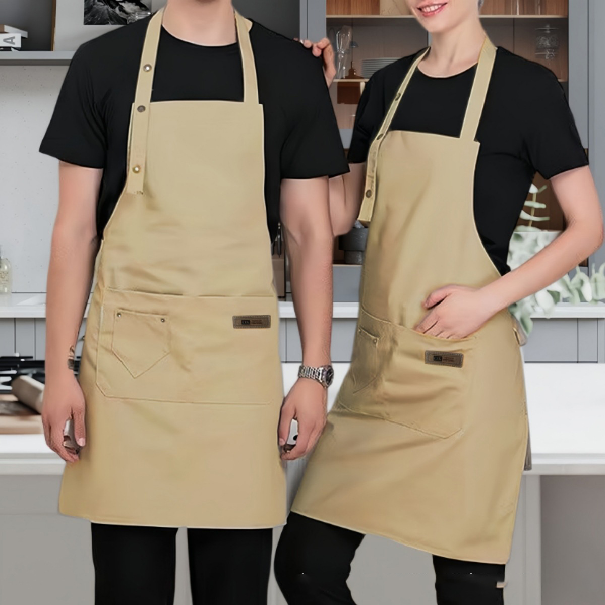 Kitchen Aprons for Woman Men Chef Work Apron for Grill Restaurant Bar Shop Cafes Beauty Nails Studios Uniform: Dark Khaki