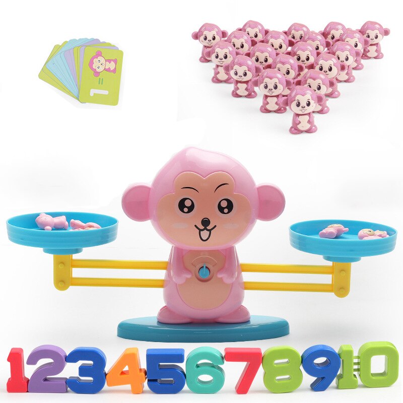 Montessori Math Match Toy Monkey Cow Balancing Scale Preschool Number Balance Toys Baby Educational Learning Board Game: pink monkey