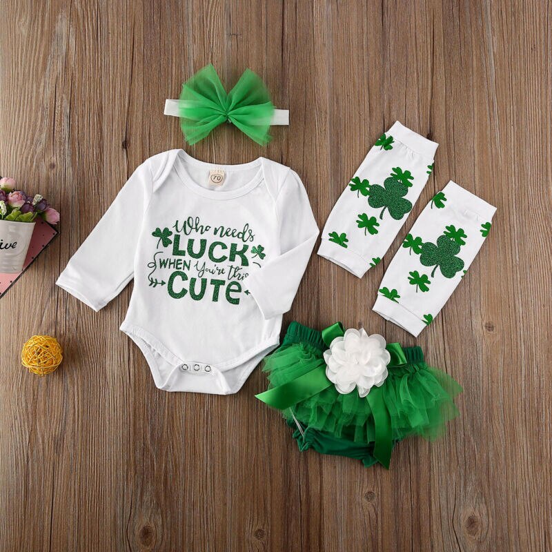 Día de San Patricio niño niña camisetas de manga larga + pantalones cortos de malla + cubierta de pie + traje con diadema 4 Uds conjuntos de trajes: 6 meses