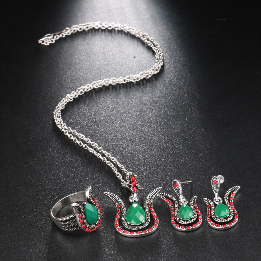 Kinel turquia conjuntos de jóias moda cor prata feminino retro verde pingente colar brinco anel de cristal rosa conjunto de jóias