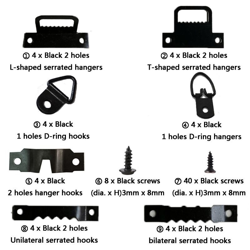 Foto Fotolijst Opknoping Haak Kit Gekarteld Hanger Hardware Muur Gemonteerd Zwart