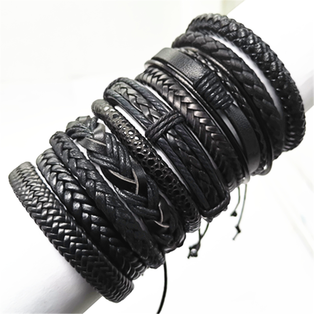 10 unids/set negro envoltura tejida nueva pulseras hechas a mano para hombres pulseras de cuero para hombres y mujeres brazalete para hombres de joyería al por mayor