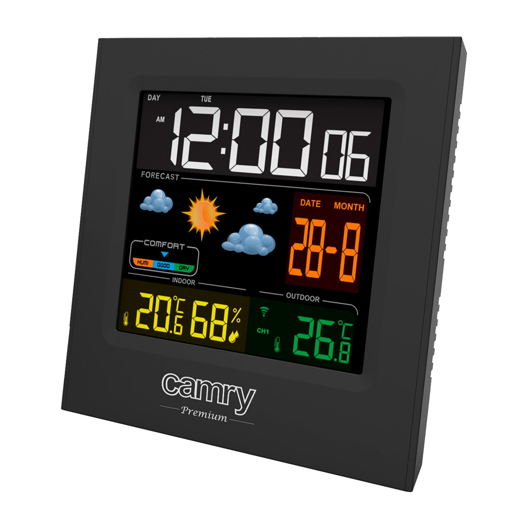 Stazione meteorologica Camry CR1166, temperatura/umidità interna/esterna, sensore esterno, previsioni meteo nero