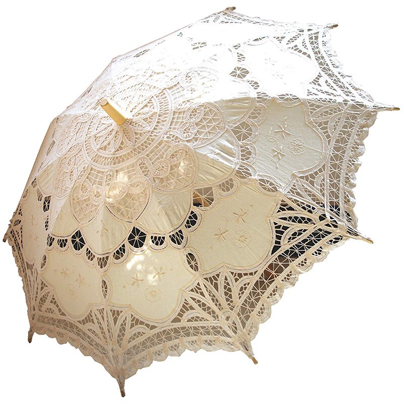 Borduren Lace Bridal Paraplu Parasol Zwart Rood Wit Katoen Zonnescherm Voor Bruid Houten Handvat Bruiloft Decoratie Paraplu: Beige