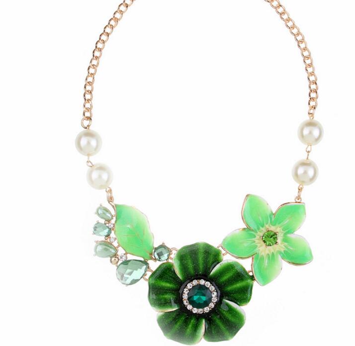 Collier chaîne or pour femmes, fleur, imitation de perle, collier, tissage de luxe, ras du cou, strass, pendentif à couple, collier: xl653-Green