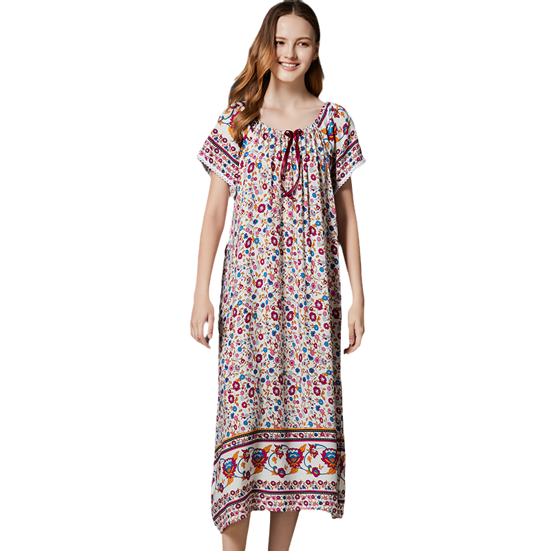 Lente Viscose Nachthemden Vrouwen Korte Mouw Bloemen Nachthemd Sleepshirt Ademende Zomer Thuis Jurk Gown Sleepdress Homewear