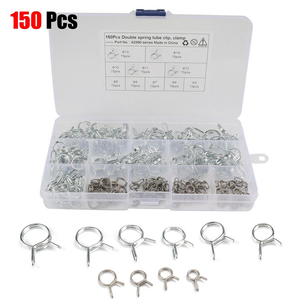 150pcs Stainless Steel Car Double Wire Fuel Line Hose Tube Spring Clamps Assortment Spring Clip Hose Clamp Fastener Fuel Line: Default Title