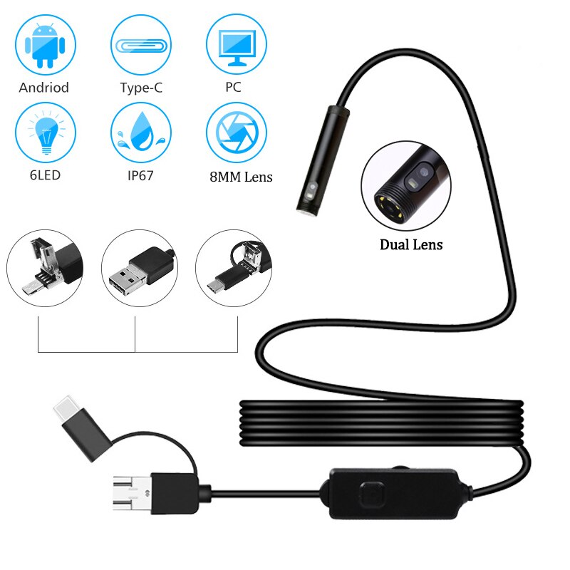 Dual 8mm Lens HD Mini Android Endoscope Camera Waterproof IP67 Head With Night Light For Phone Tablet & Windows PC Endoscope
