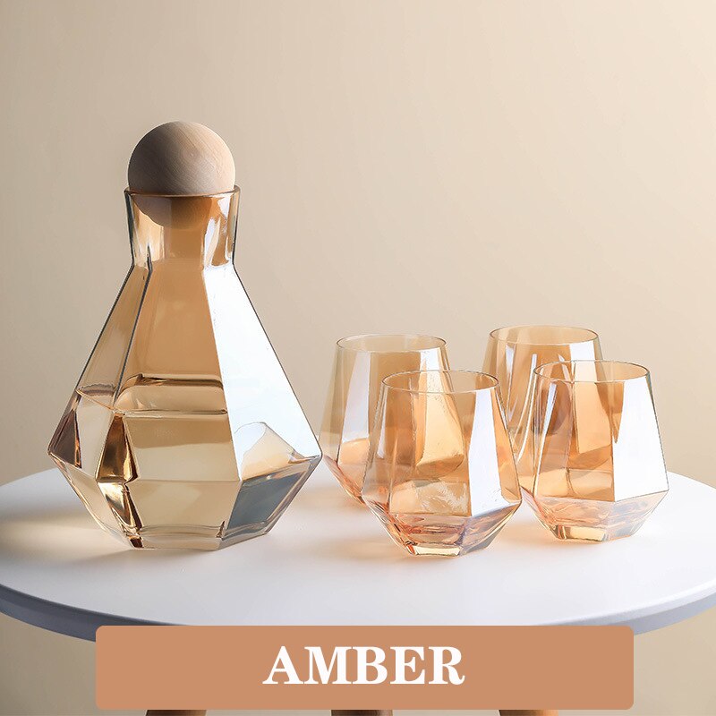 1.4L Geometrical Glass Pitcher with 4 Cups Borosilicate Water Carafe Teapot Tea Kettle Water Jug Drink Dispenser Colorful Clear: amber-1 jug 4 cup