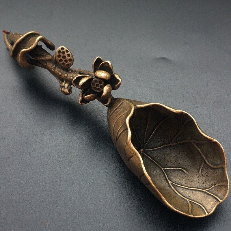 Pure copper Tea shovel handmade micro carving antique lotus leaf spoon antique craft bronze ware