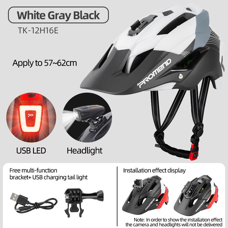 PROMEND – casque de vélo de descente, lumières LED, gopro, support de caméra, pour cyclisme sur route, Sport de plein air, équitation, pour hommes: White G B Headlight