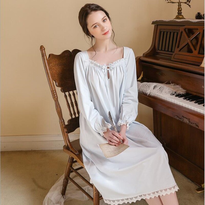 Women White Nightgown Sleepwear Lady Spring Autumn Long Sleeve Nightdress Loose Princess Nightgowns Comfortable Pure Cotton